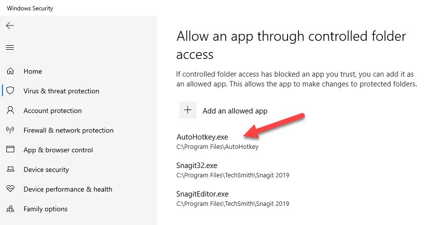 Windows 10 ランサムウェア保護 - アプリが許可リストに追加されました